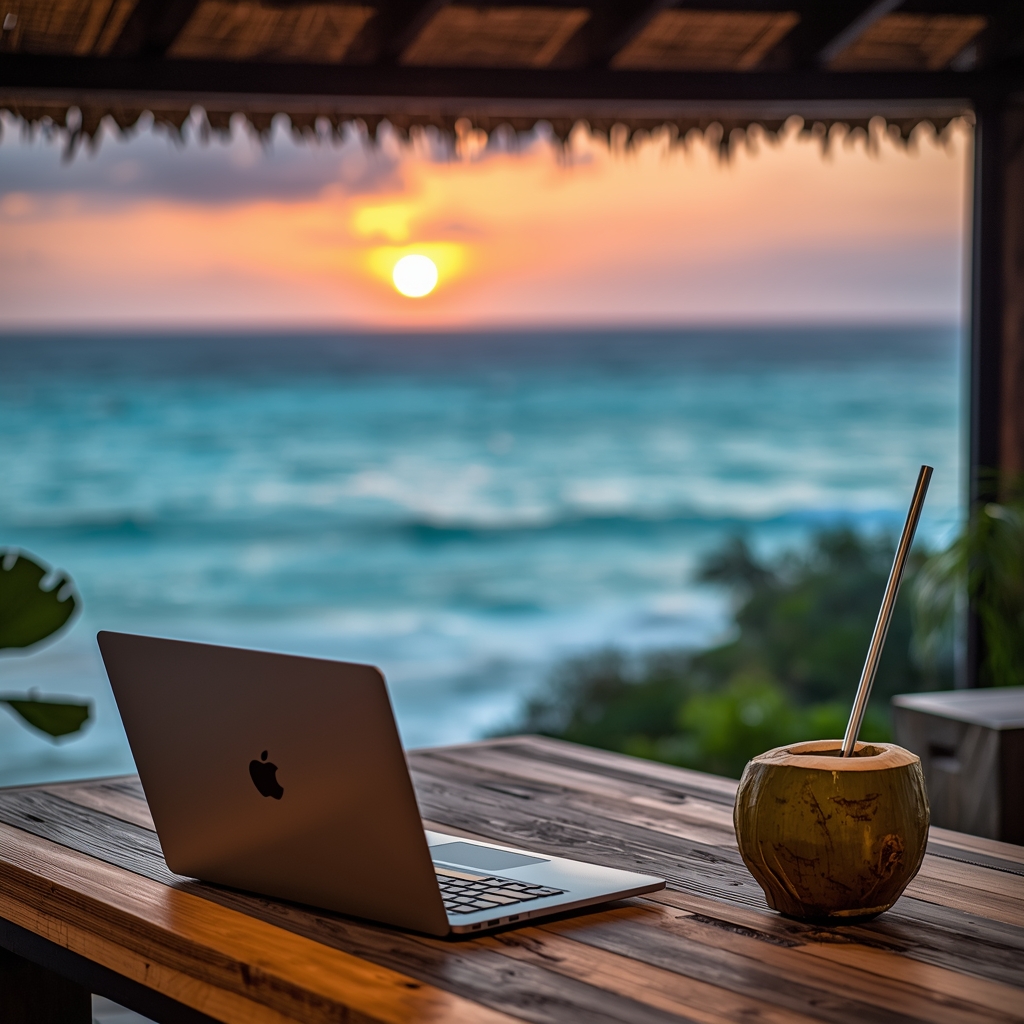 A stunning, high-end tropical outdoor workspace at a luxury digital nomad retreat. A sleek laptop sits on a minimalist reclaimed wood desk overlooking a turquoise ocean at sunset. Nearby, a fresh coconut with a metal straw. No people, no women. Sophisticated, premium, peaceful, blurred background focus. 8k resolution.